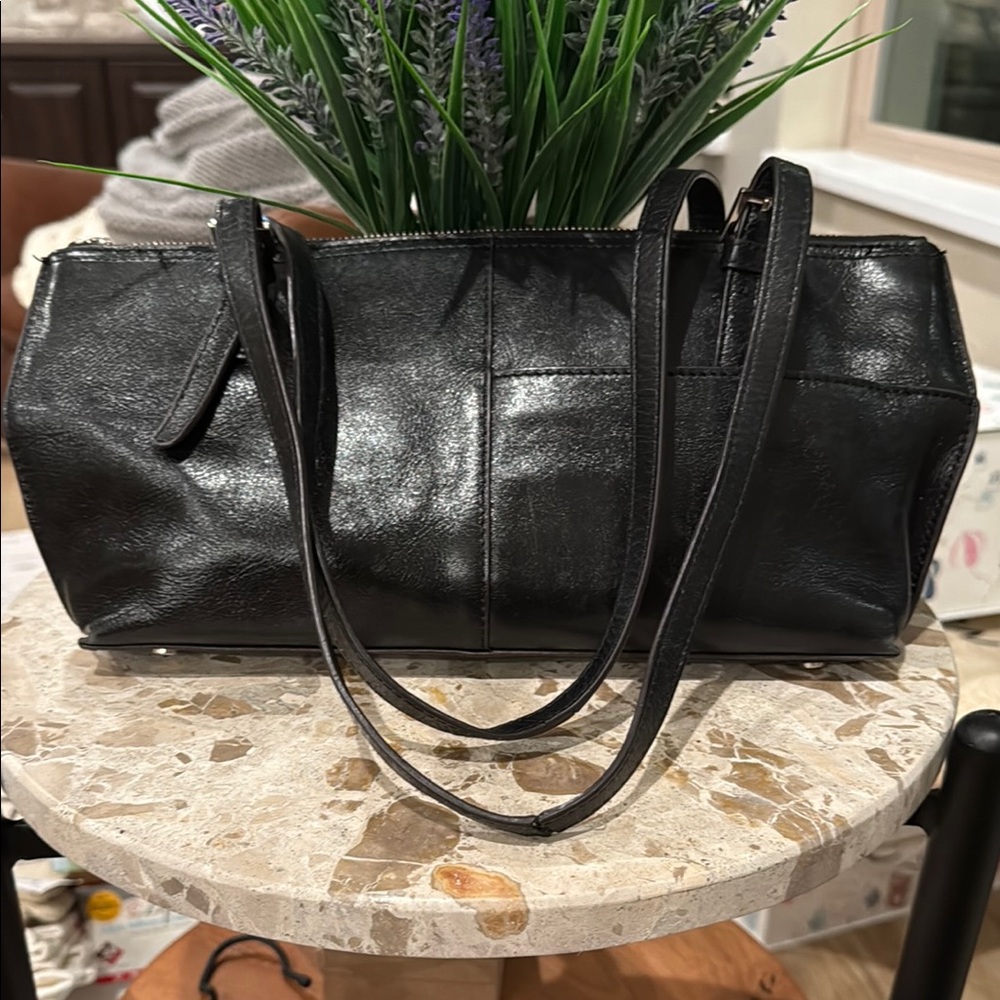 HOBO Black Leather shoulder Bag with red rose fabric interior. 11” strap drop.